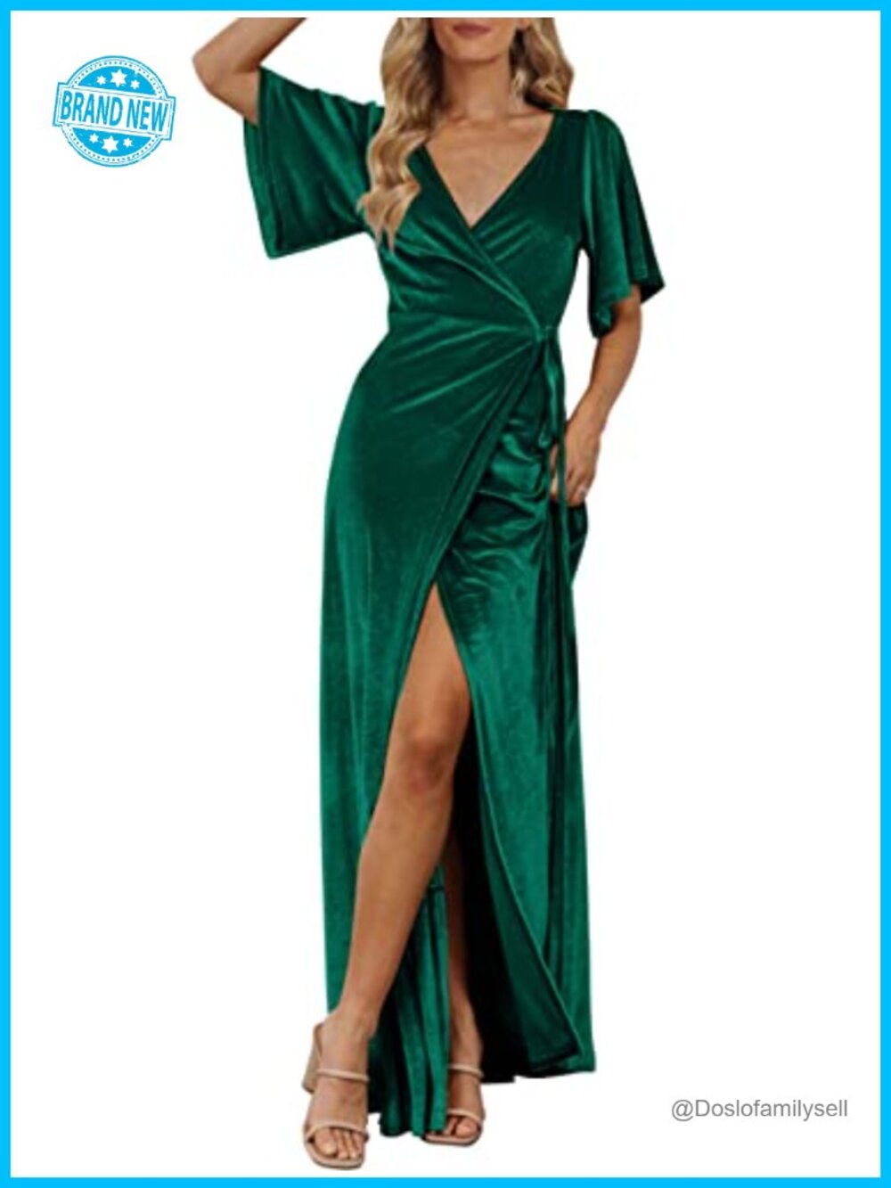 Wrap V Neck Velvet Maxi Dress Bell Sleeves Tie Waist Wedding Guest